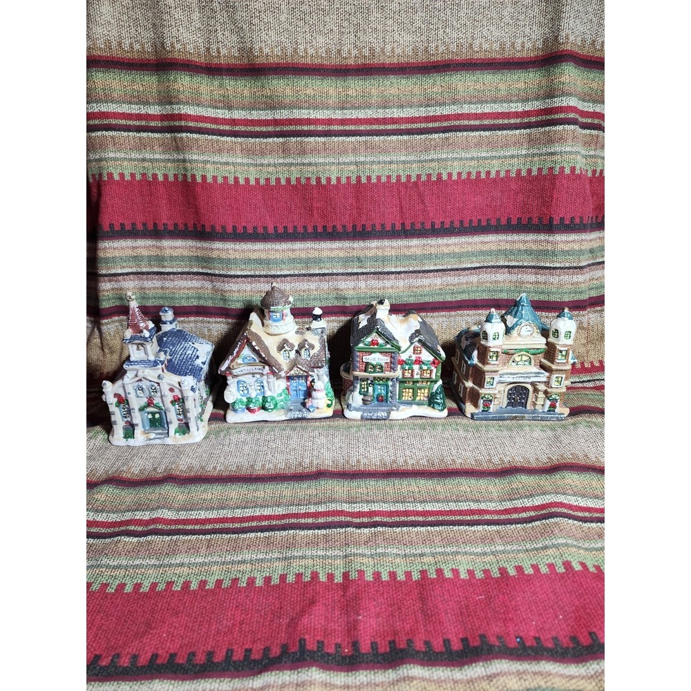 Set Of 4 Porcelain Christmas‎ Houses Santa's House, Bakeshop, Church, Station